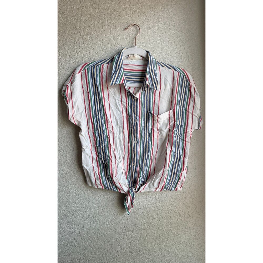 Pink Rose Vintage Multicolor Striped Tie Front Button Down Shirt Small